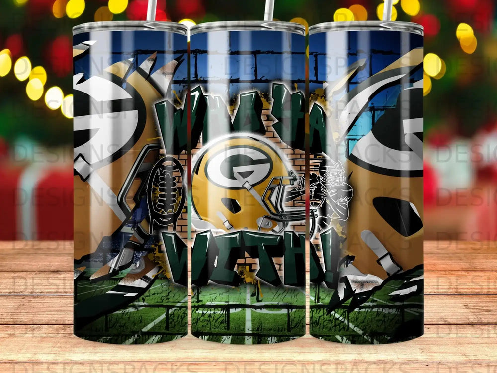 Green Bay Packers helmet and football with graffiti on a stadium background.