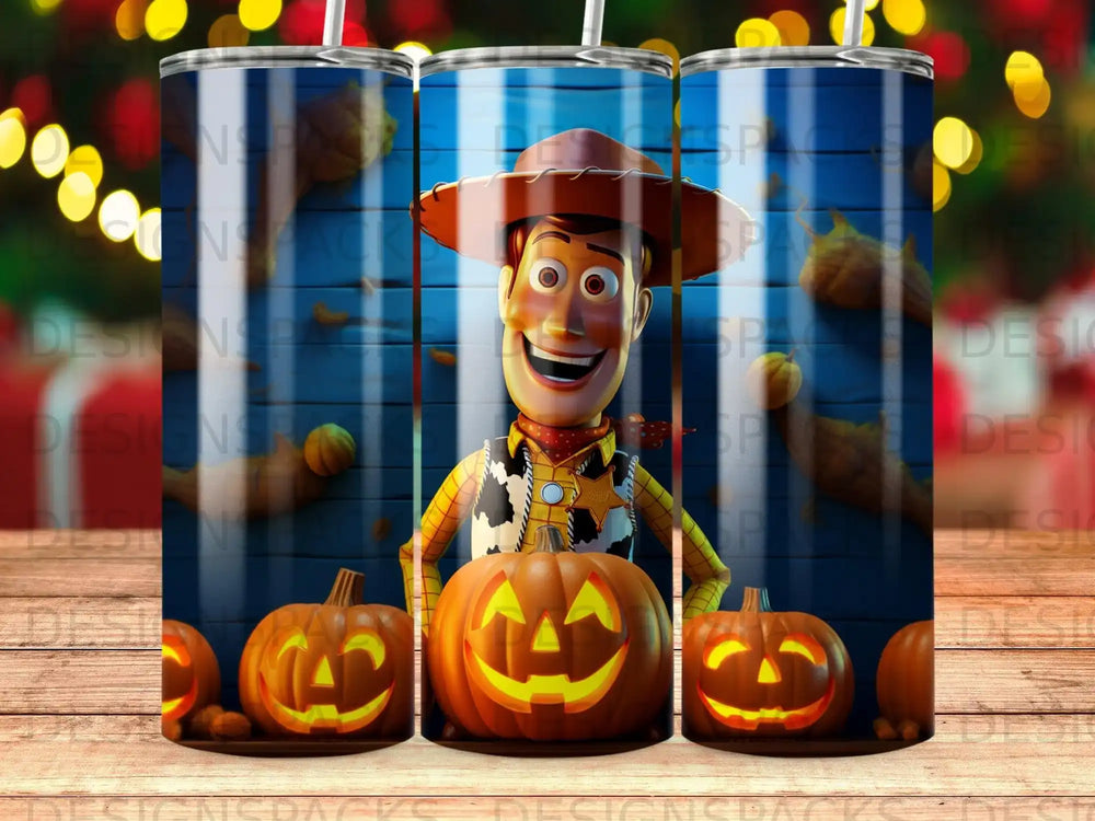 Woody character with pumpkins and holiday theme on a tumbler.