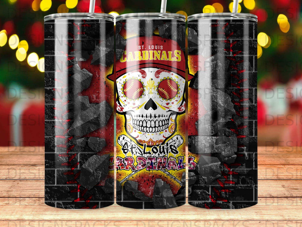 St. Louis Cardinals skull logo on black brick background with festive lights.
