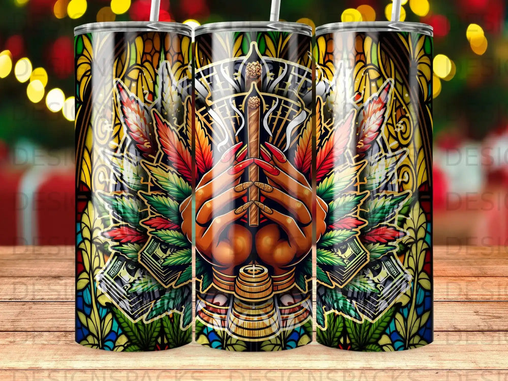 Stained glass style artwork with cannabis leaves, rolled bills, and hands holding a lit cigar.