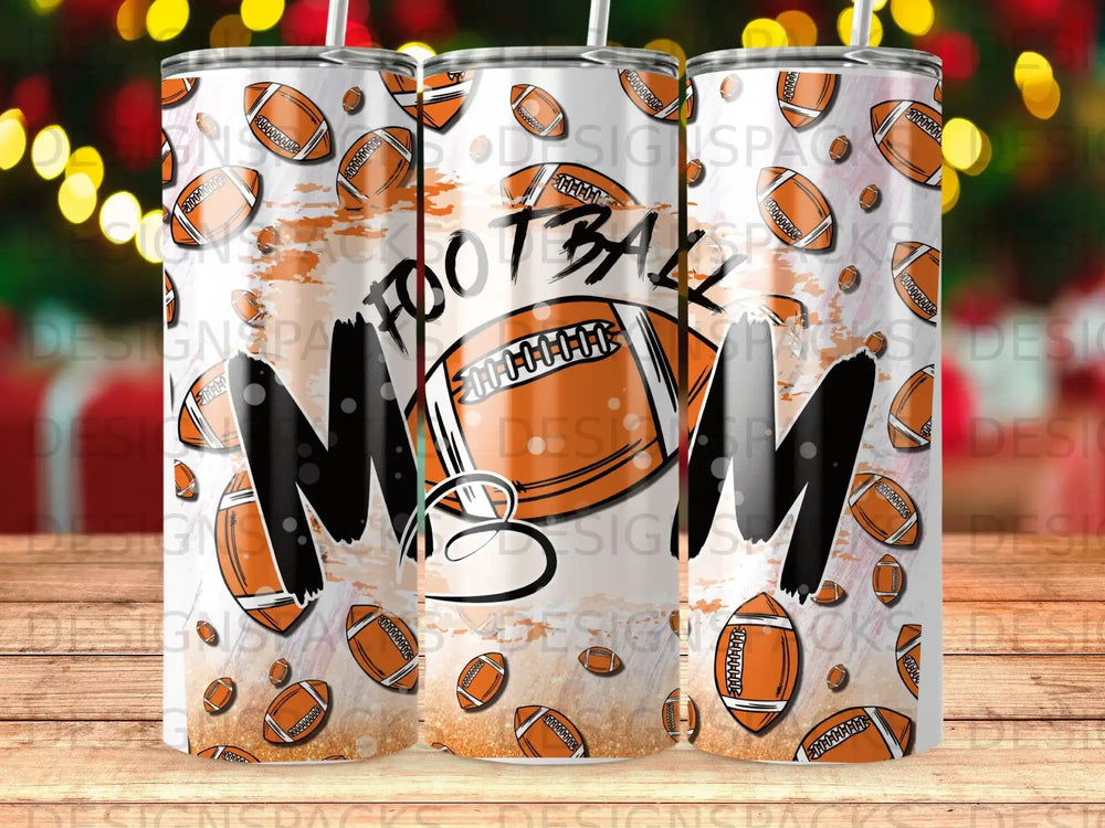 "MOM" text with football pattern and American footballs on a tumbler.