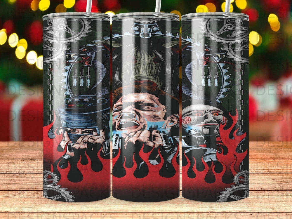 Three characters from Saw movie franchise depicted in a fiery, mechanical scene.