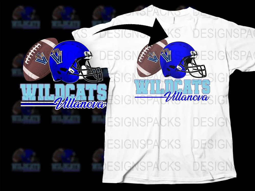 Wildcats Villanova football helmet and ball design on white t-shirt, print-ready graphic