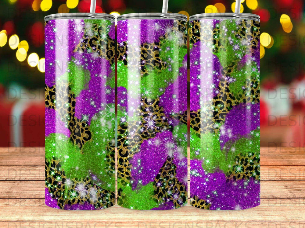 Glittery purple and green tumbler with leopard print accents.