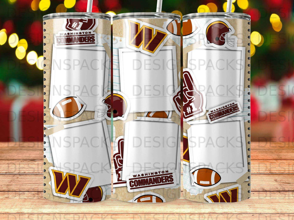 Washington Commanders tumbler with team logos and footballs.