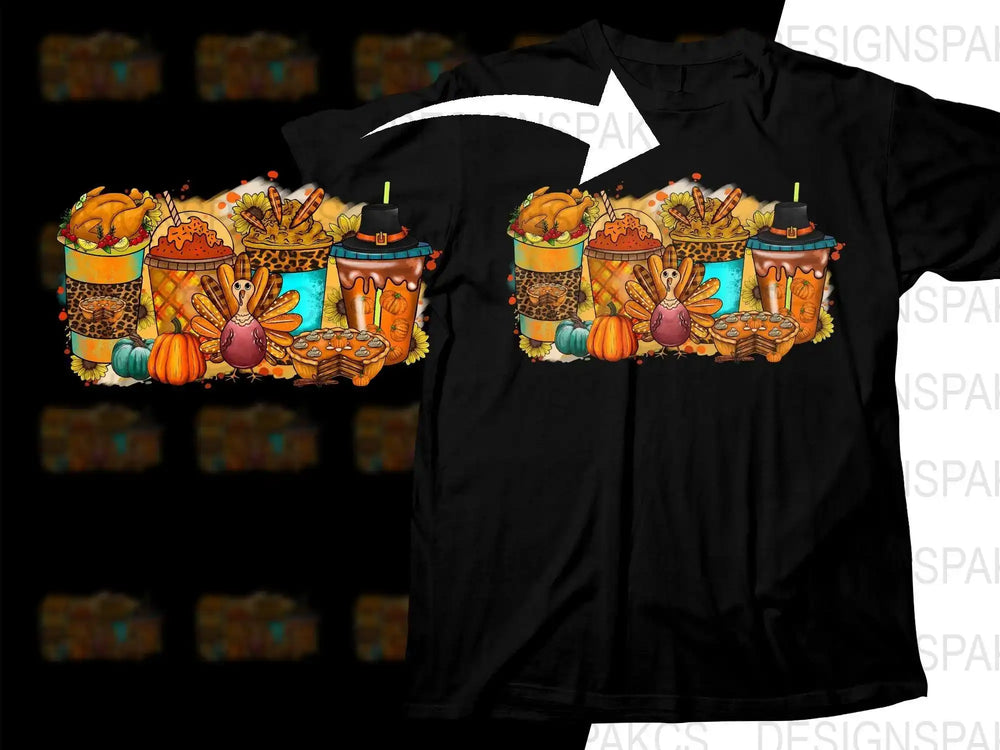 Thanksgiving turkey, pumpkin pie, and fall drinks design for DTG/DTF t-shirt printing