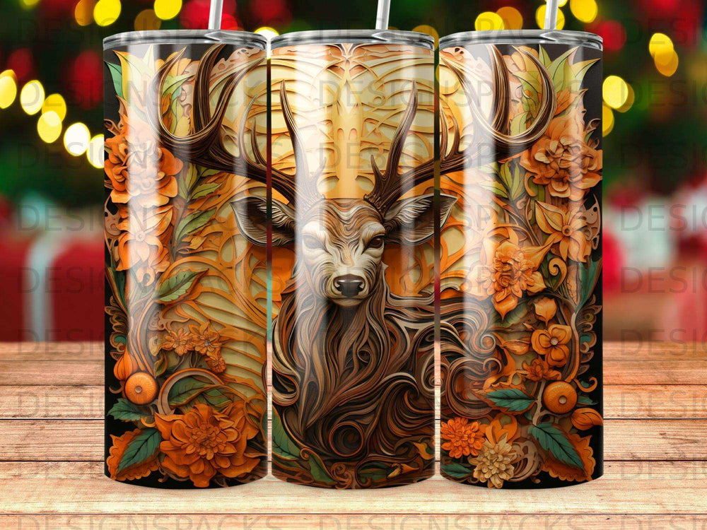 Deer with elaborate antlers and floral accents on a tumbler.