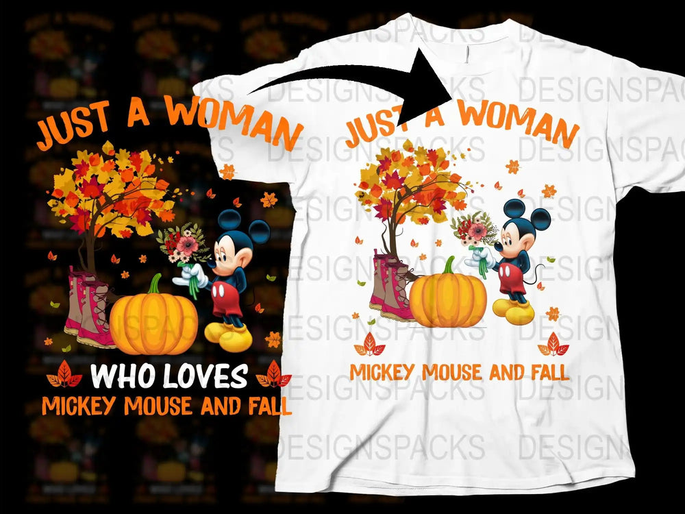 Just a Woman Who Loves Mickey Mouse Fall T-Shirt, Autumn Disney Tee, Pumpkin Floral Mickey Graphic Shirt, Halloween Disney Outfit