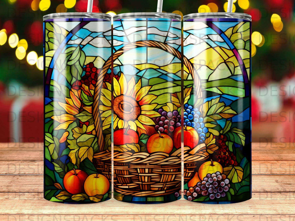 Woven basket filled with sunflowers, apples, and grapes against a stained-glass backdrop.