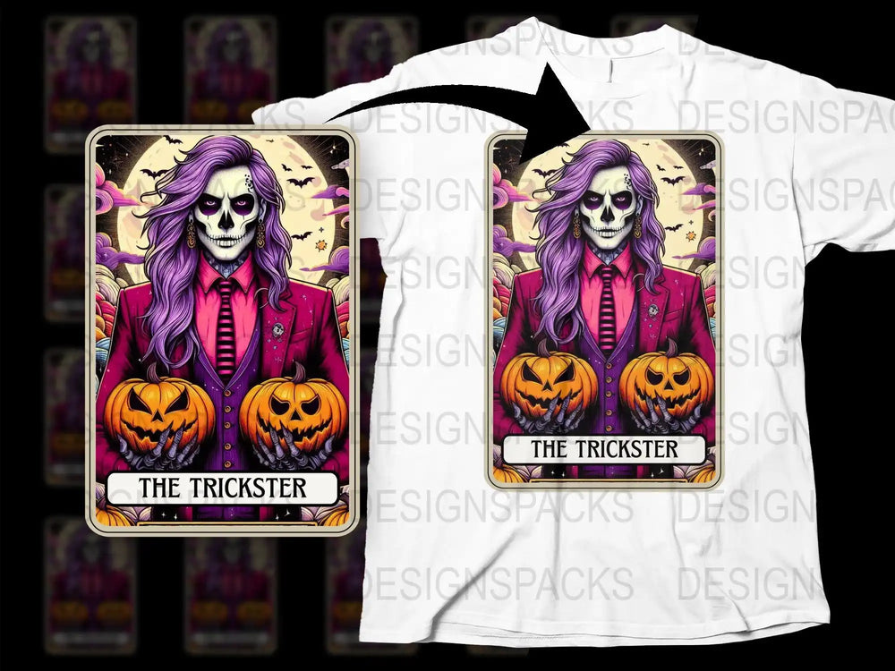 Halloween Trickster Tarot Card T-Shirt, Gothic Pumpkin Skeleton Design, Unisex Graphic Tee for Fall