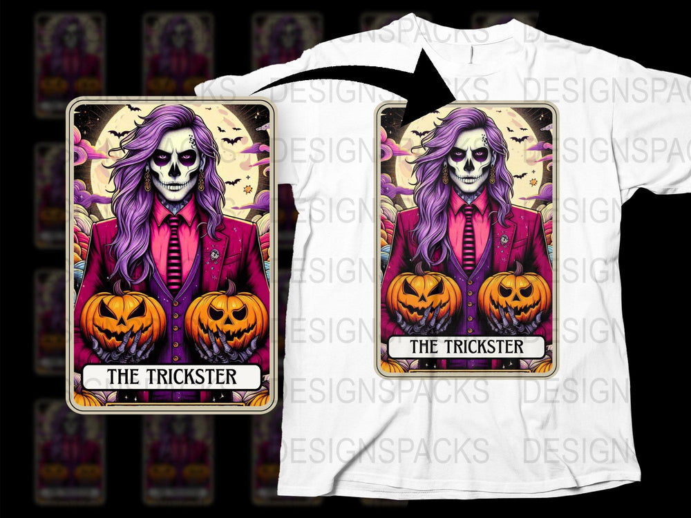 Halloween Trickster Tarot Card T-Shirt, Gothic Pumpkin Skeleton Design, Unisex Graphic Tee for Fall