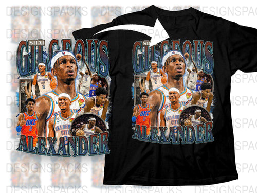 Shai Gilgeous-Alexander basketball player collage design for DTF/DTG t-shirt printing, featuring OKC Thunder action shots