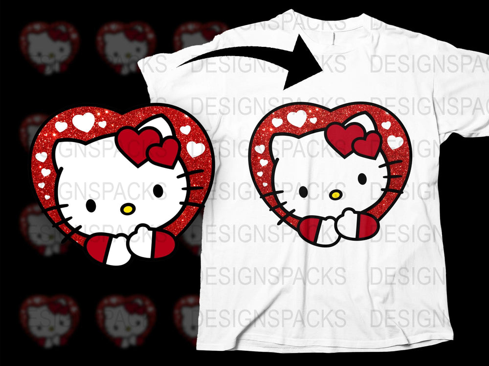 Hello Kitty Valentine's Day T-Shirt, Red Glitter Heart Graphic Tee, Cute Cartoon Character Apparel