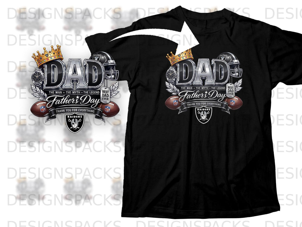 Black t-shirt with "DAD" graphic celebrating Father's Day and Raiders football theme.