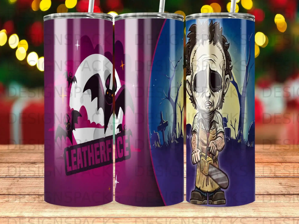 Leatherface character with chainsaw on Halloween-themed tumbler.