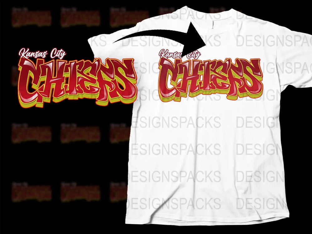 Kansas City Chiefs bold red and yellow graffiti-style design on white t-shirt, print-ready DTF/DTG bundle