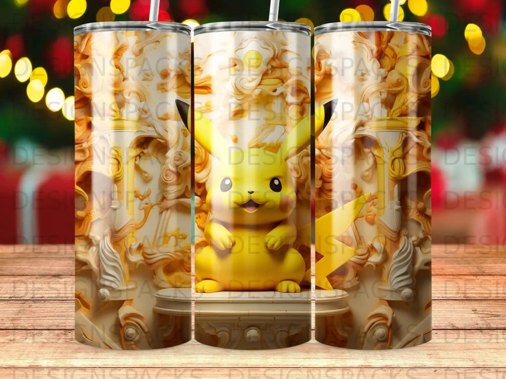 Pikachu character on a yellow tumbler with decorative gold elements.