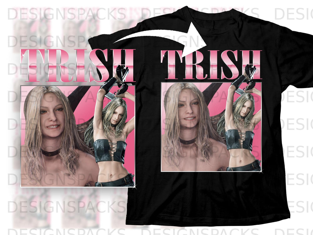 Black t-shirt with pink "TRISH" text and two images of a woman.