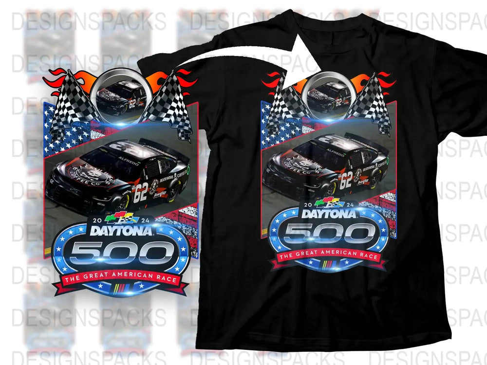 Daytona 500 race car t-shirt design with checkered flags and American flag theme