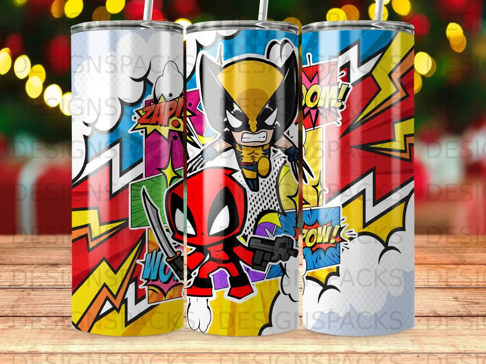 Comic style tumbler featuring Deadpool and Wolverine with "Zap!" and "Pow!" text.
