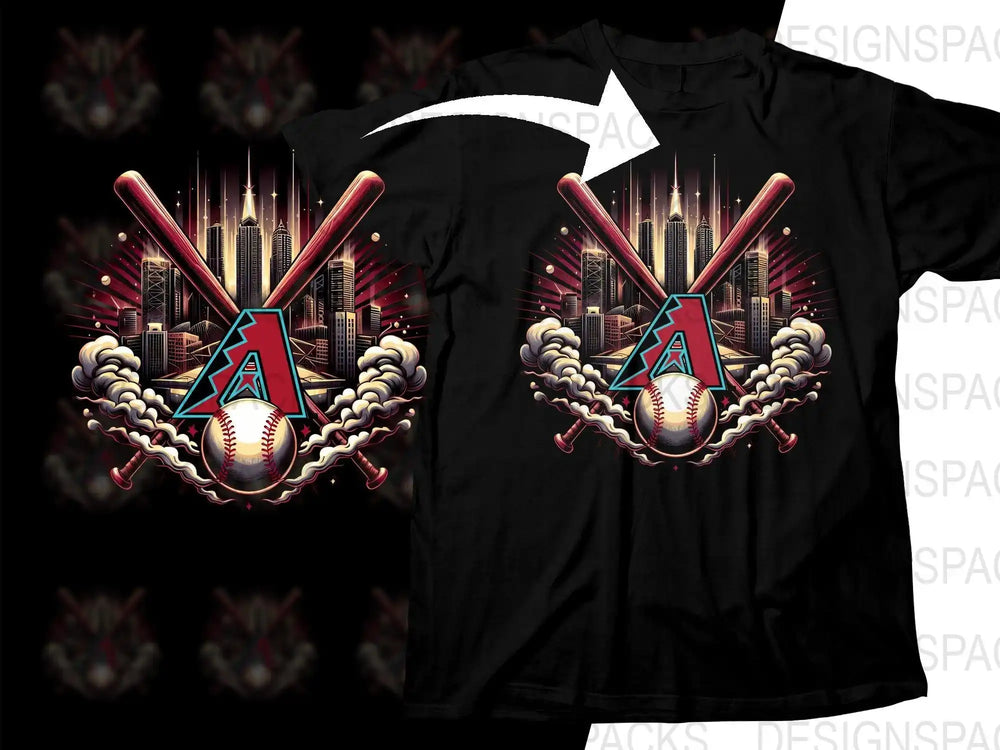 Baseball-themed t-shirt design with crossed bats, city skyline, and team logo for DTF/DTG printing