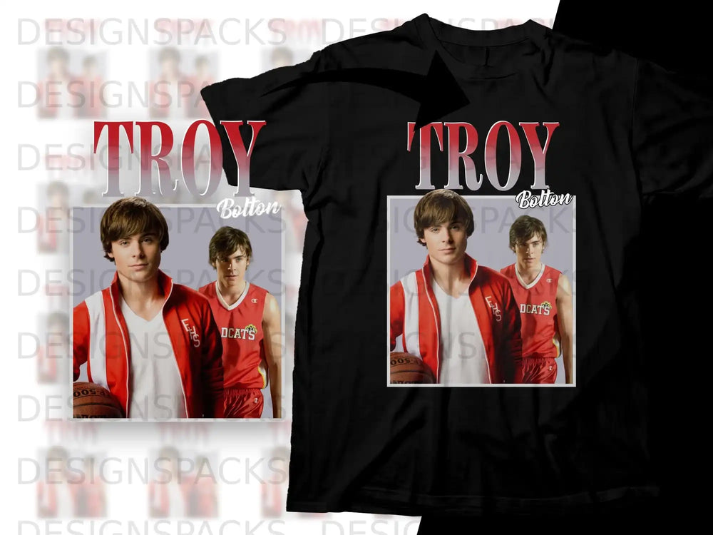 Troy Bolton t-shirt with a basketball player graphic.