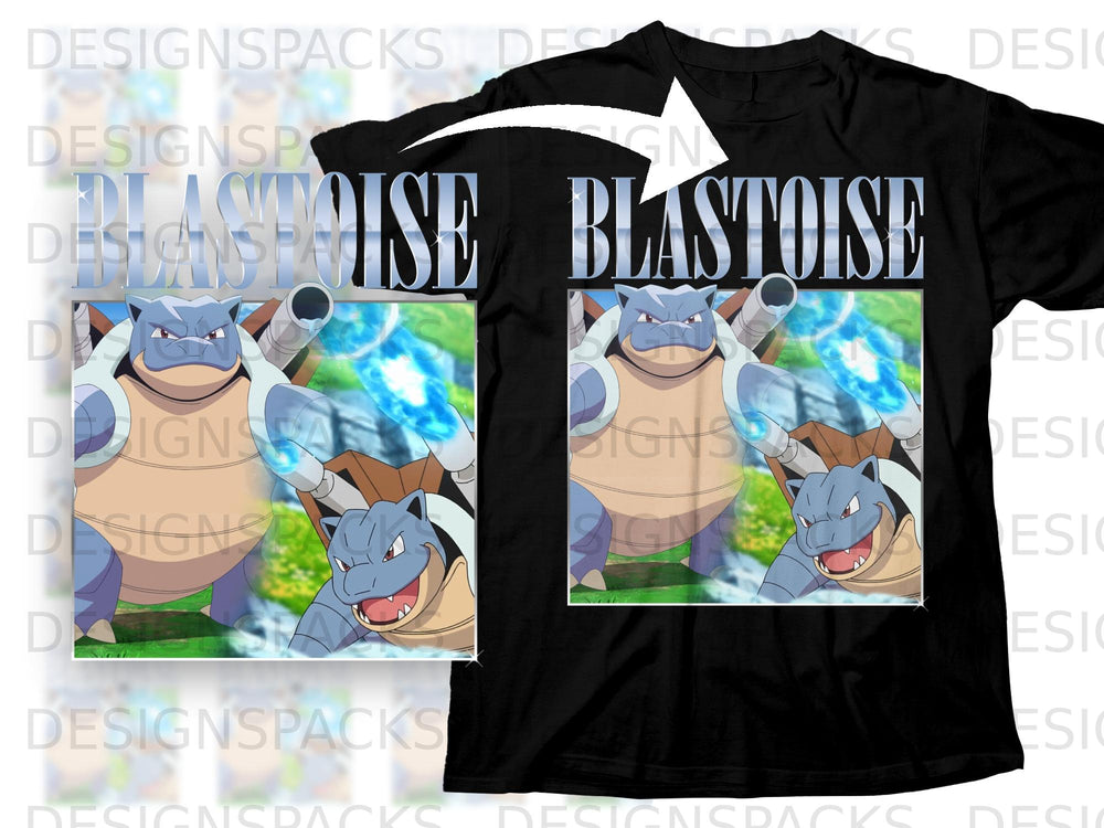 Black t-shirt with "Blastoise" text and two images of the Pokémon Blastoise.
