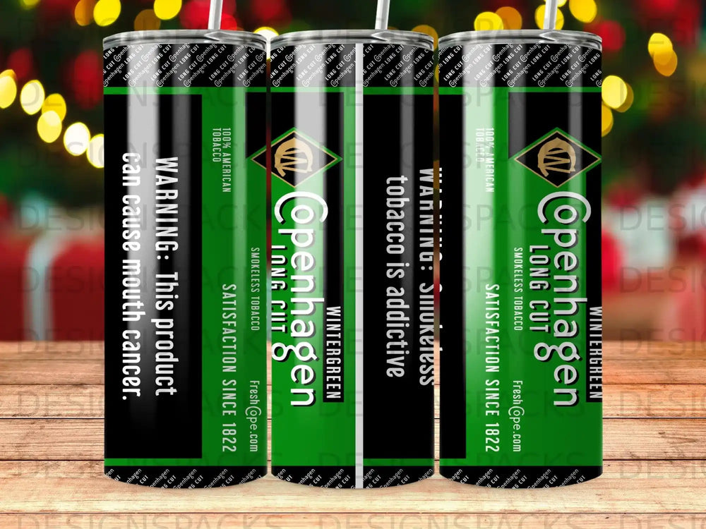 Copenhagen Wintergreen Long Cut smokeless tobacco can with warning labels.