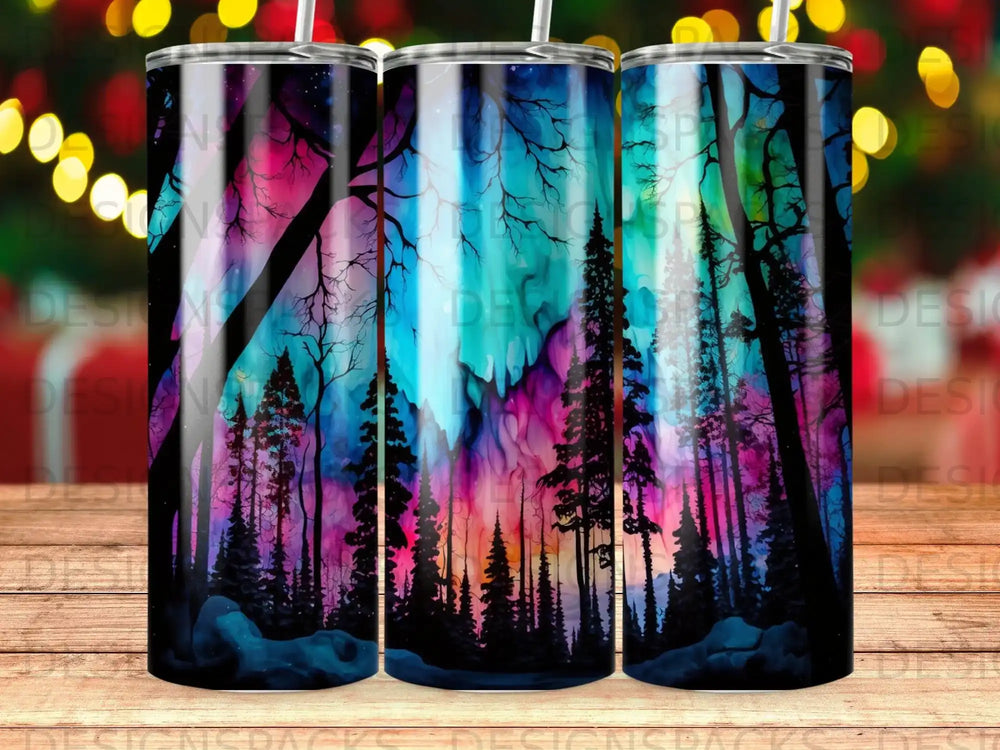 Forest silhouette with vibrant aurora borealis sky and stylized trees.