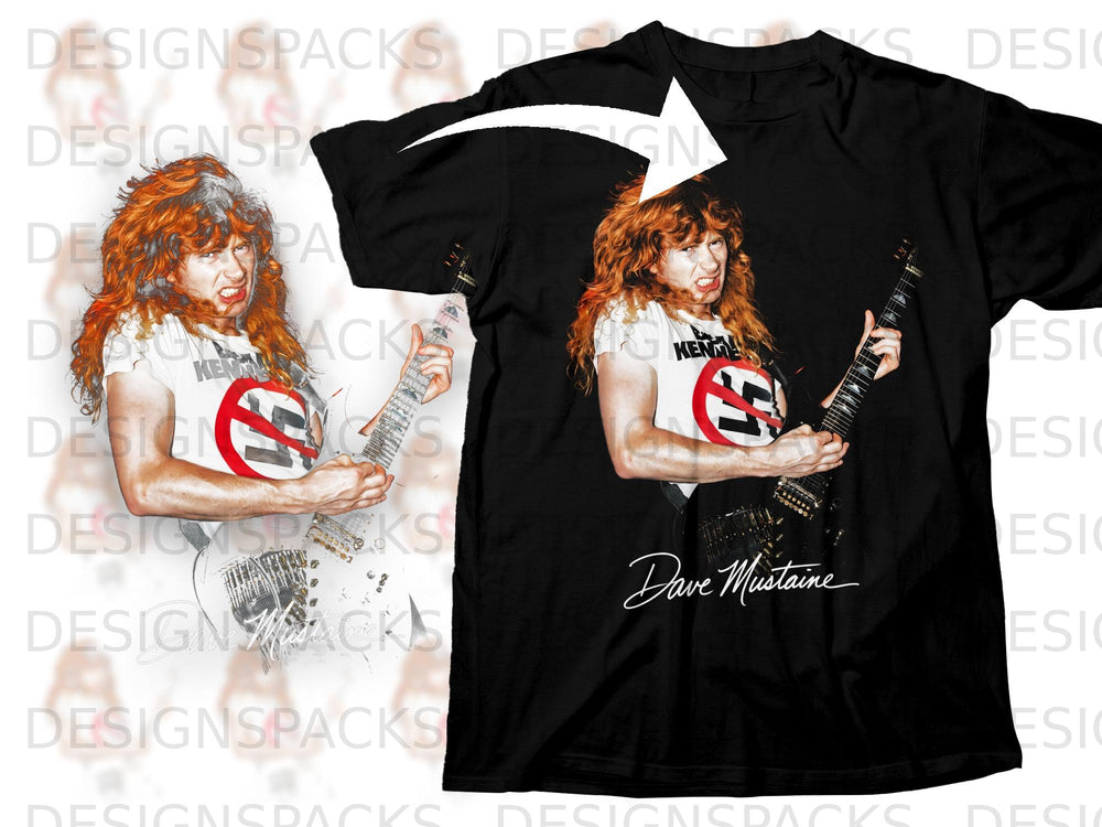 Black t-shirt with Dave Mustaine playing a white guitar and his signature.