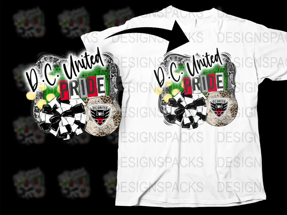 D.C. United Pride soccer design with pom-poms and team logo on white t-shirt
