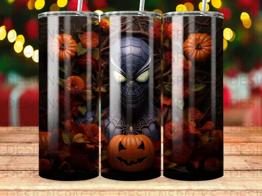 Black Spider-Man with Jack-o'-lantern and autumn leaves, Halloween theme.