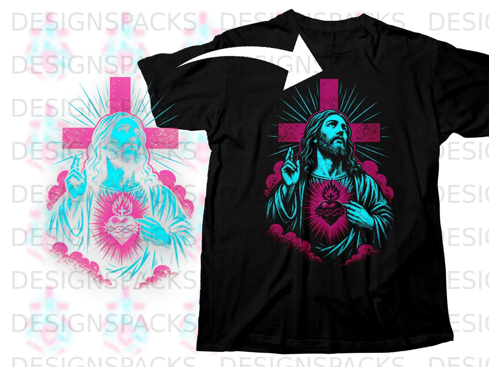 Black t-shirt featuring Jesus with a Sacred Heart and a cross design.