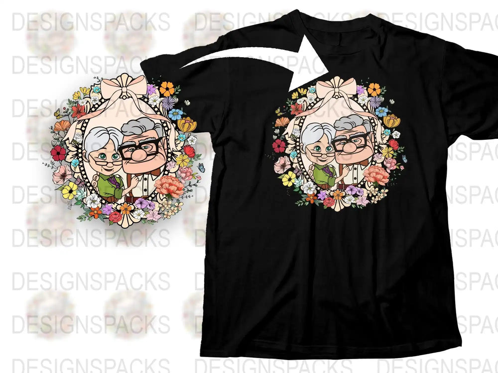 Elderly couple in floral wreath design for t-shirt, print-ready SVG/PNG, perfect for DTF/DTG printing