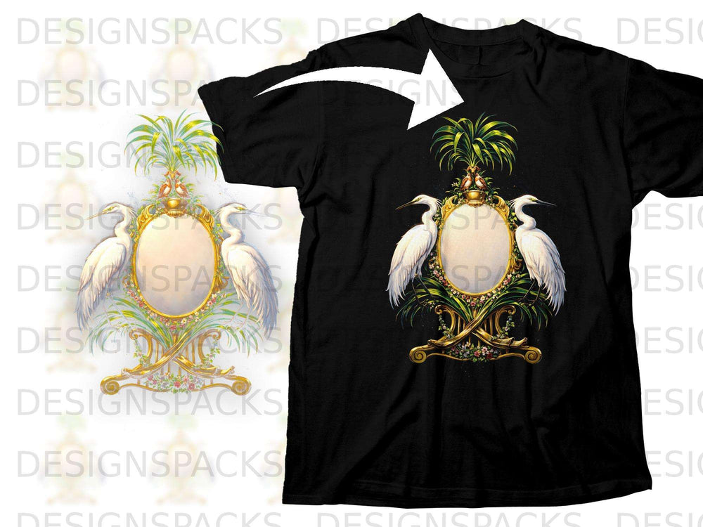 Black t-shirt with an ornate oval design featuring two white egrets and tropical foliage.