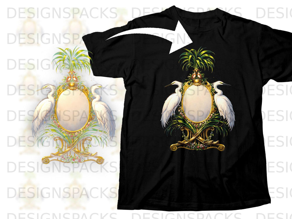 Black t-shirt with an ornate oval design featuring two white egrets and tropical foliage.