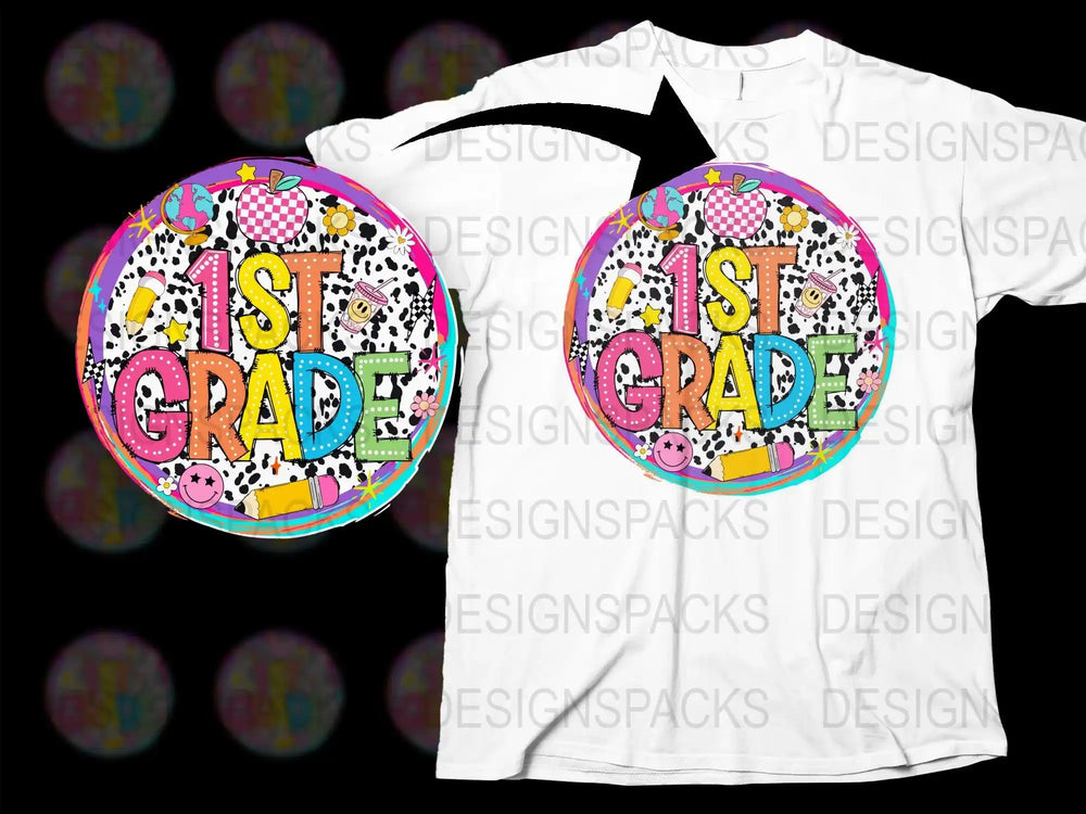 1st Grade colorful design on white t-shirt with school-themed graphics
