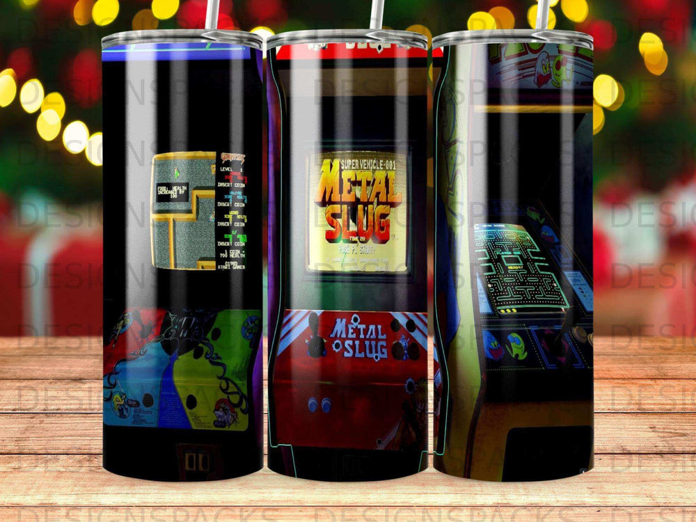 Tumblers featuring the arcade game Metal Slug with score, level, and coin insert details.