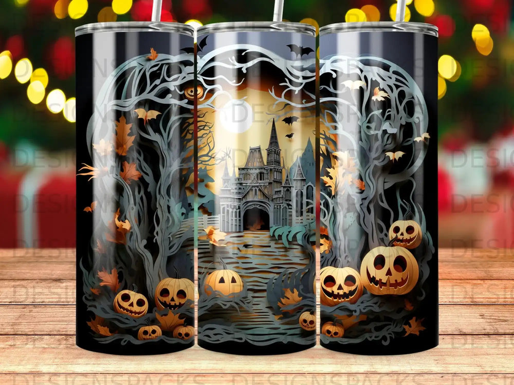 Halloween castle, pumpkins, and spooky trees on a tumbler.