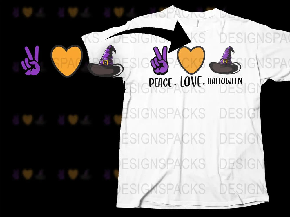 Peace Love Halloween T-Shirt, Cute Witch Hat Graphic Tee, Unisex White Shirt for Fall Season