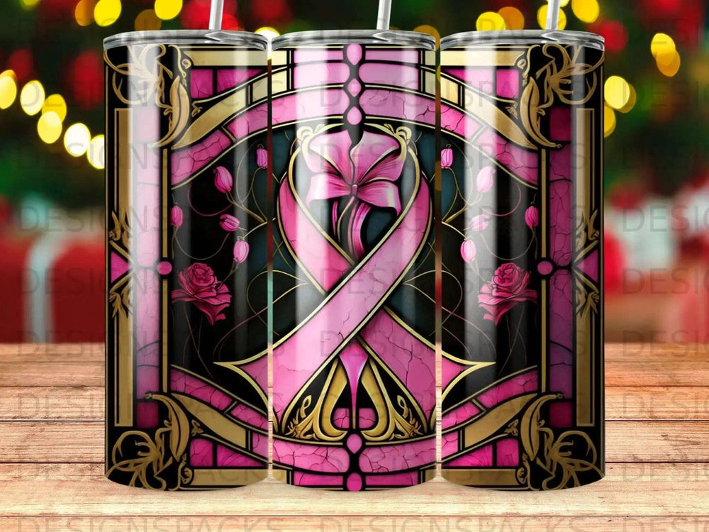 Pink ribbon with roses on stained glass tumbler.