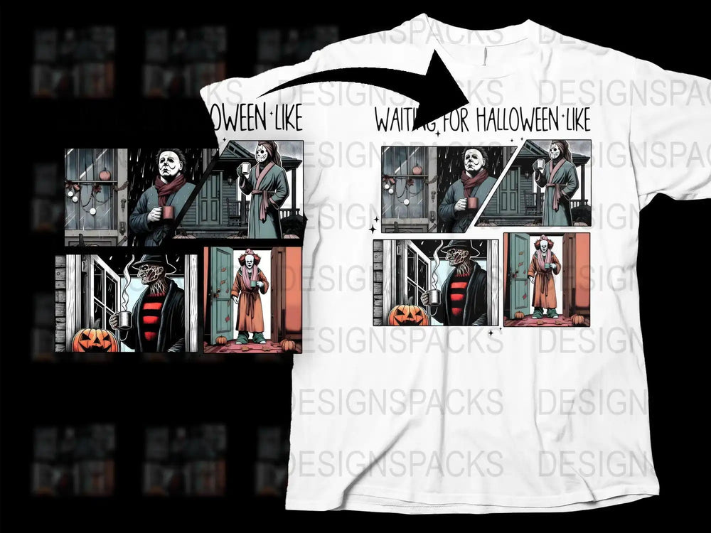 Halloween-themed t-shirt with horror characters waiting, featuring print-ready design for DTG/DTF.