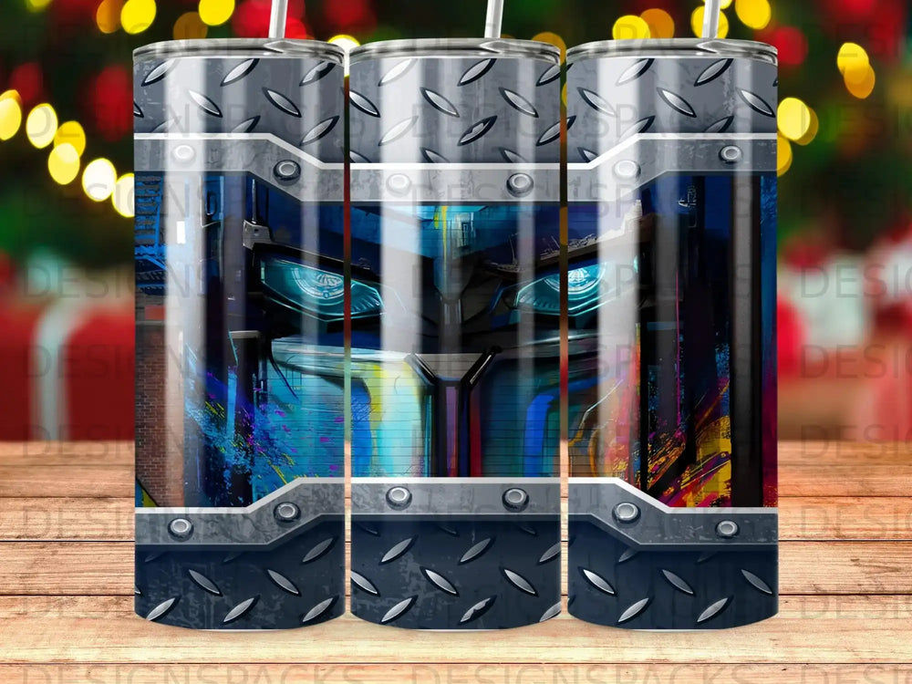 Transformers Autobot robot face on a metallic tumbler with blue and yellow accents.