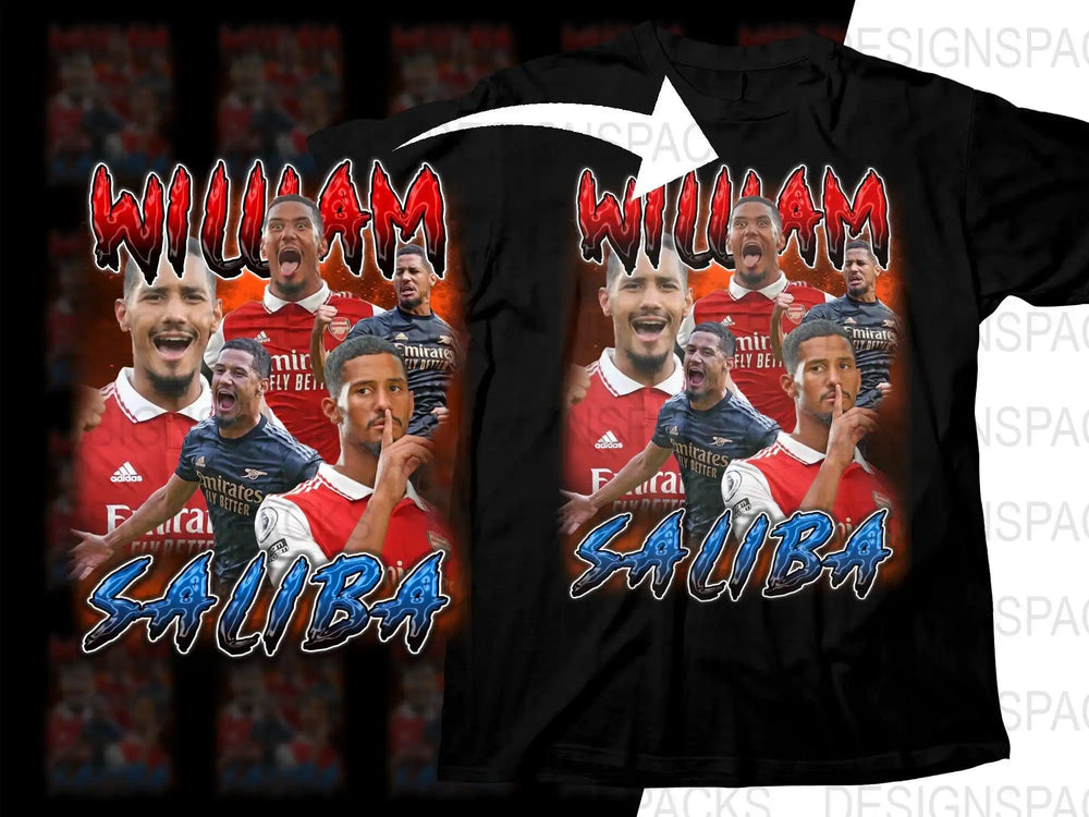 William Saliba soccer player t-shirt design with bold red and blue text, featuring action poses in team jerseys.