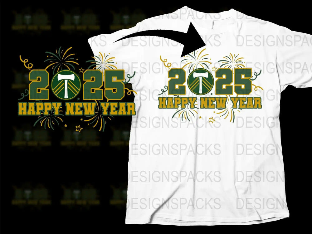 2025 Happy New Year t-shirt design with green and gold fireworks, print-ready for DTF/DTG