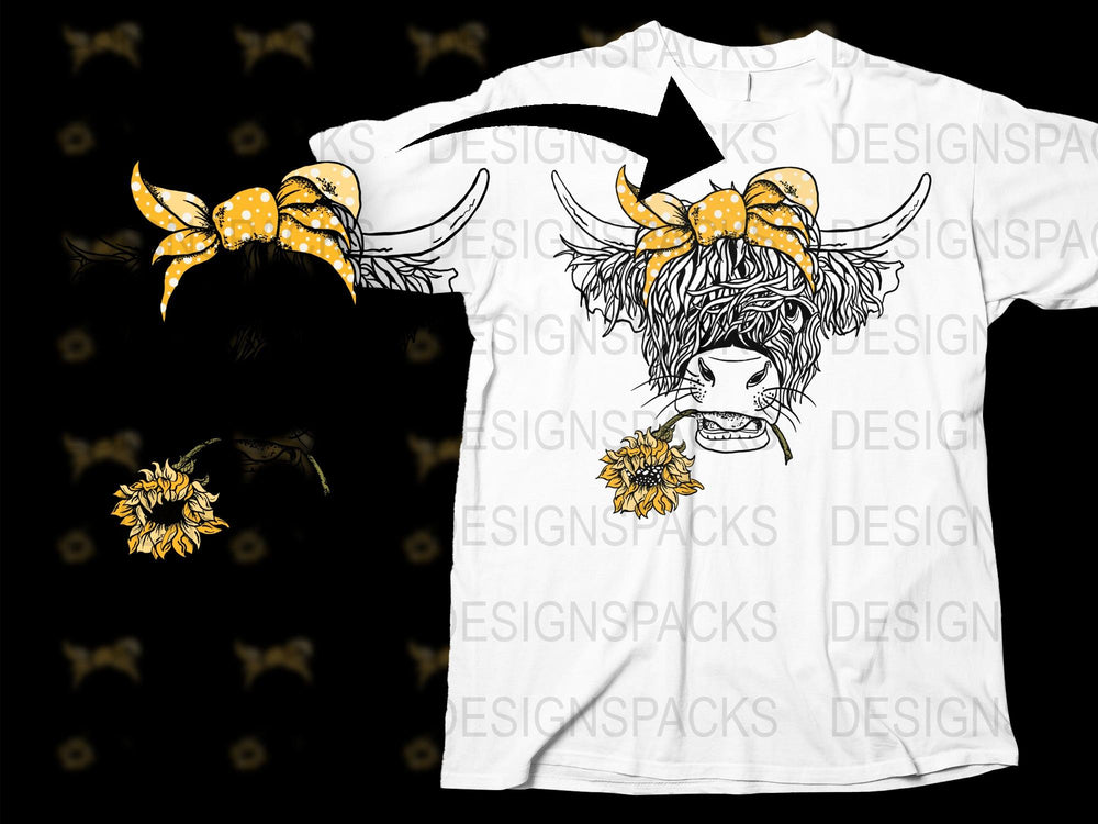 Highland Cow T-Shirt with Yellow Bow, Floral Print, Graphic Tee, Farm Animal Design, Women's Fashion Top, Unique Gift Idea