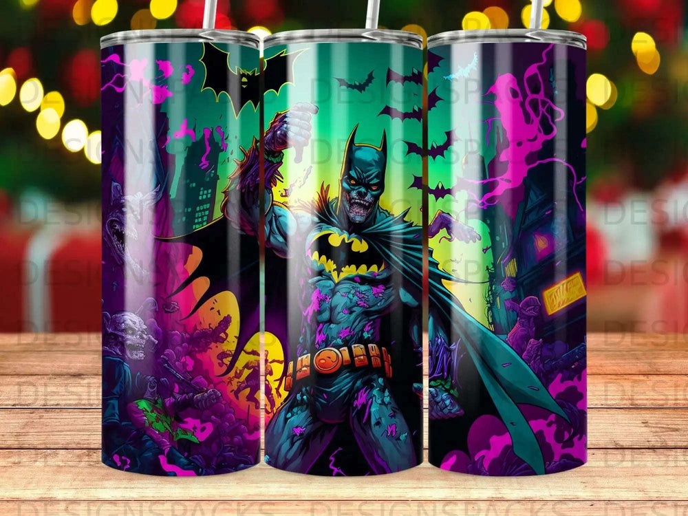 Batman with glowing eyes and torn cape stands over monsters in a city at night.