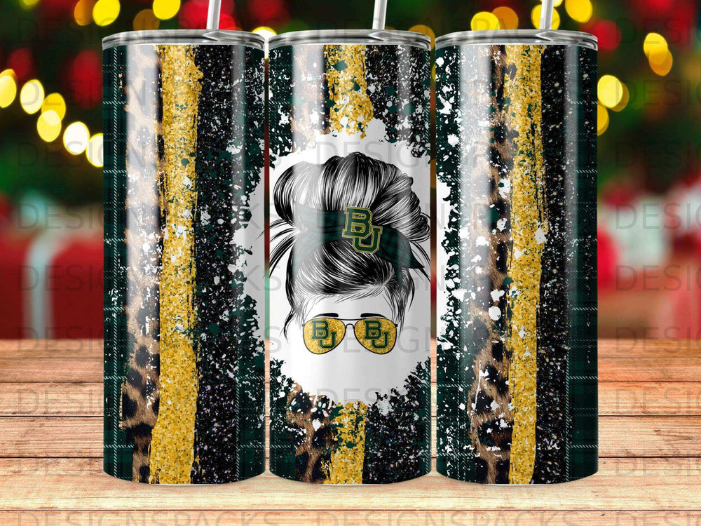 Tumbler with leopard print, green, and gold distressed stripes, and a woman's silhouette in a bun.