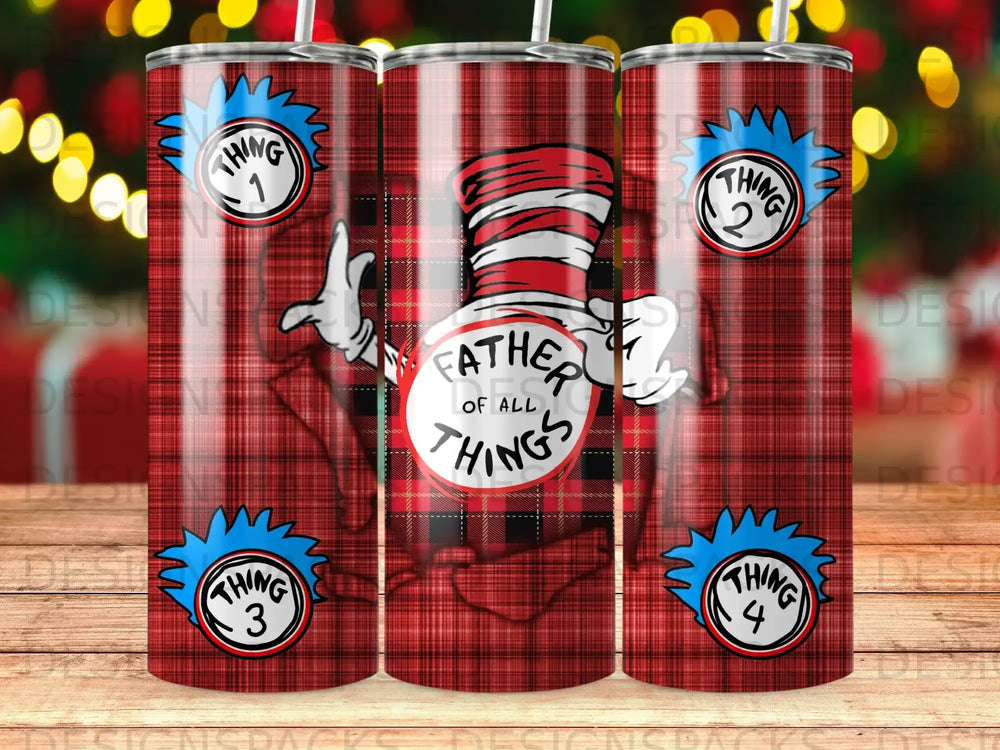 Red plaid tumbler featuring Father of All Things and Thing 1, 2, 3, and 4.