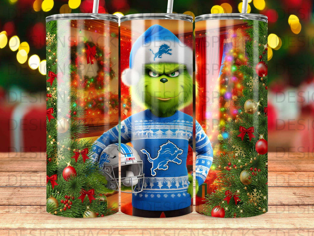The Grinch in a Lions sweater holding a Lions helmet with Christmas decorations.